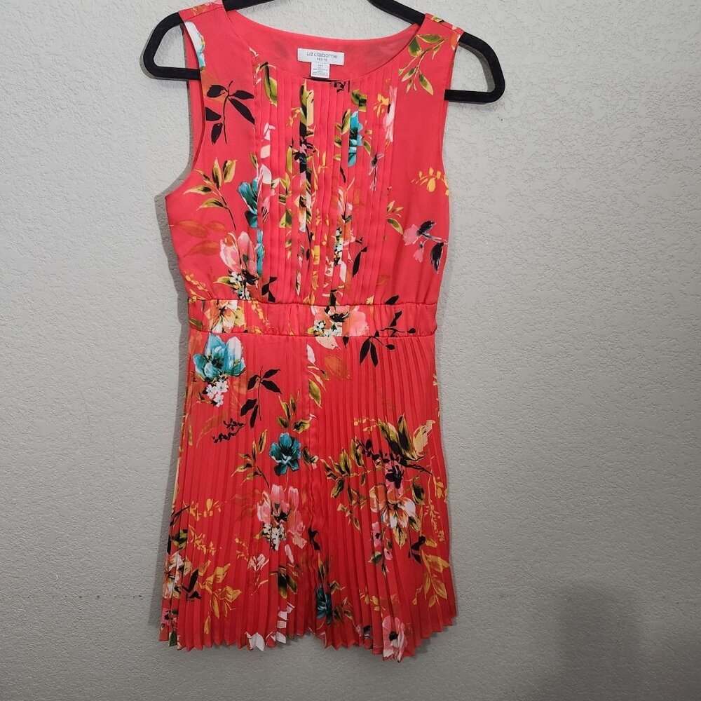 Liz Claiborne Petite 10 Sleeveless Coral Floral Pleated Dress